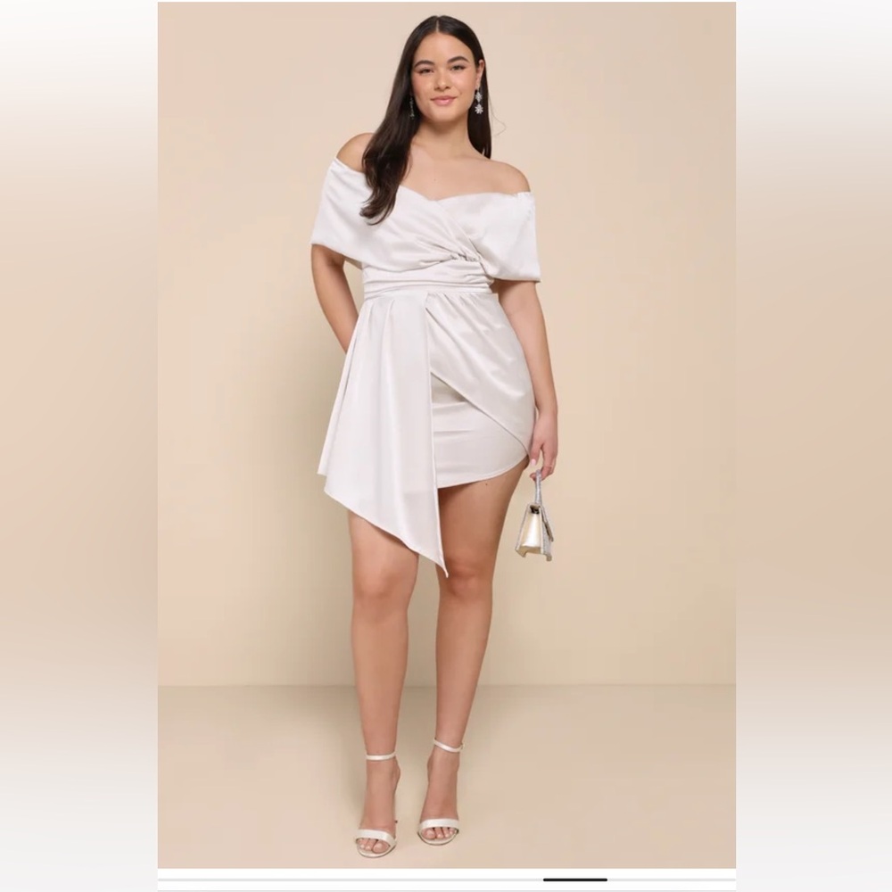 Lulus Always Celebrating Ivory Satin Off-the-Shoulder Mini Dress